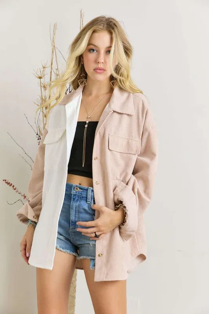 Trendy Oversized Color Block Corduroy Shacket — Livostyle