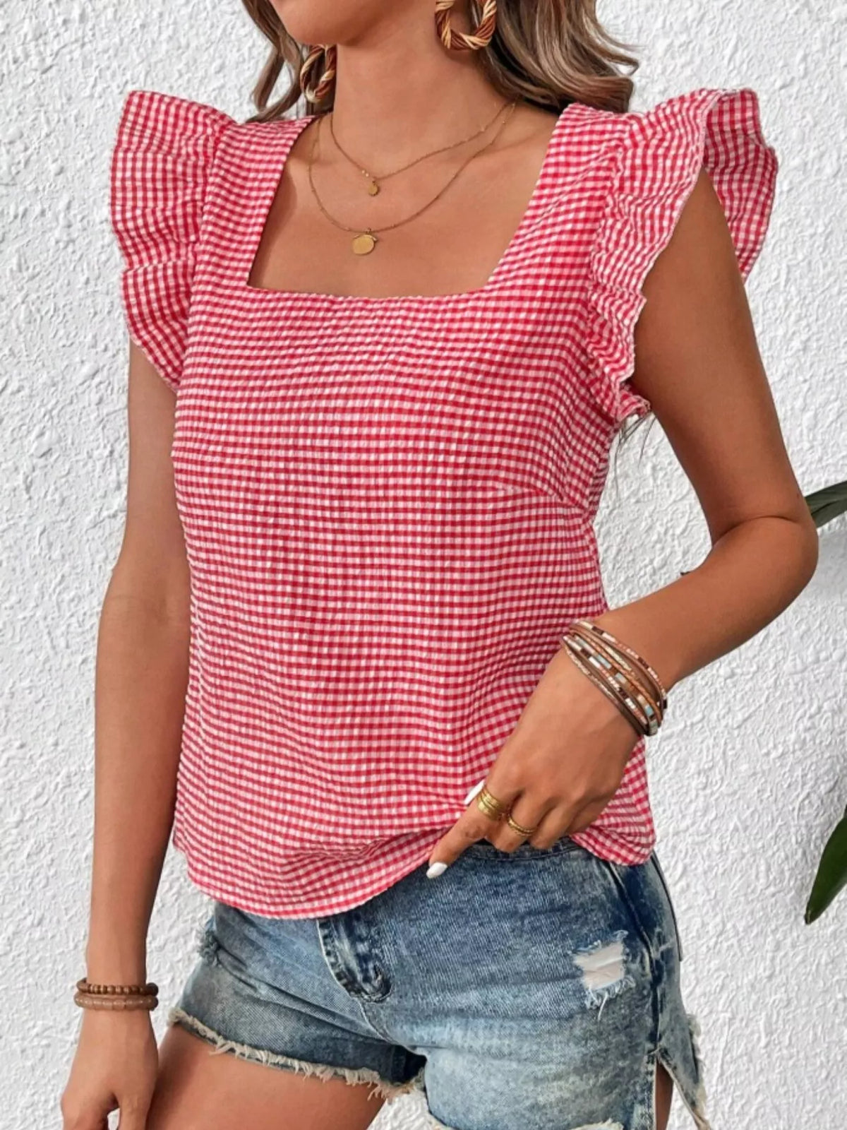 Gingham Ruffle Sleeve Square Neck Blouse – photo 20