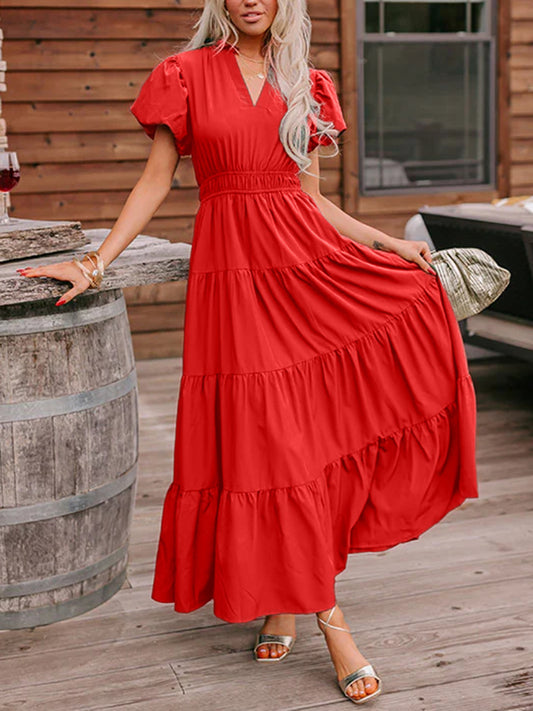 Puff Sleeve Tiered Smocked Maxi Dress in Deep Red