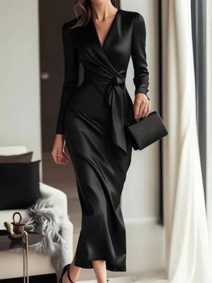 Satin Tie Waist Long Sleeve Dress in Black