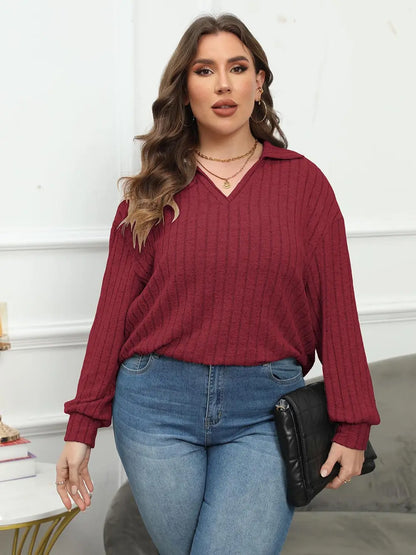 Ribbed Collared Neck Long Sleeve Blouse — Livostyle