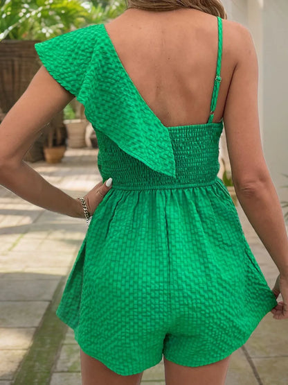 Smocked Back Asymmetrical Ruffled Romper styling — Livostyle