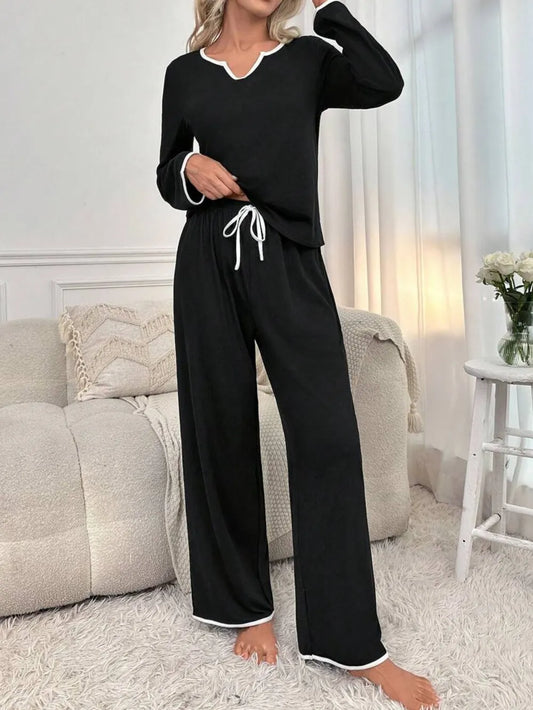 Contrast Trim Notched Long Sleeve Top and Pants Lounge Set — Livostyle