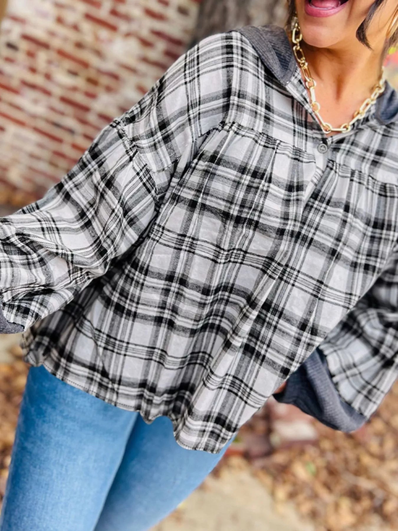 Plaid Long Sleeve Hooded Top back view — Livostyle
