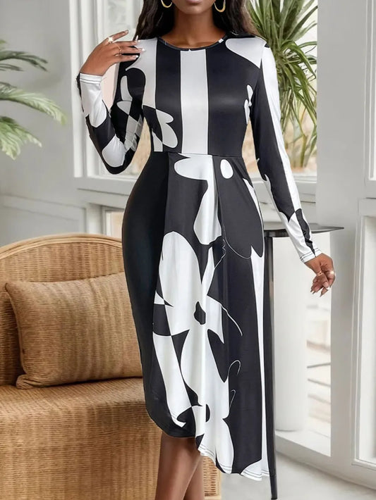 Asymmetrical Slit Round Neck Long Sleeve Midi Dress in Black