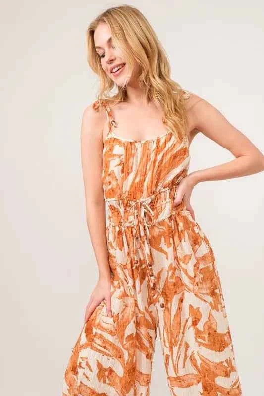 And The Why Waist Strings Abstract Print Wide Leg Jumpsuit