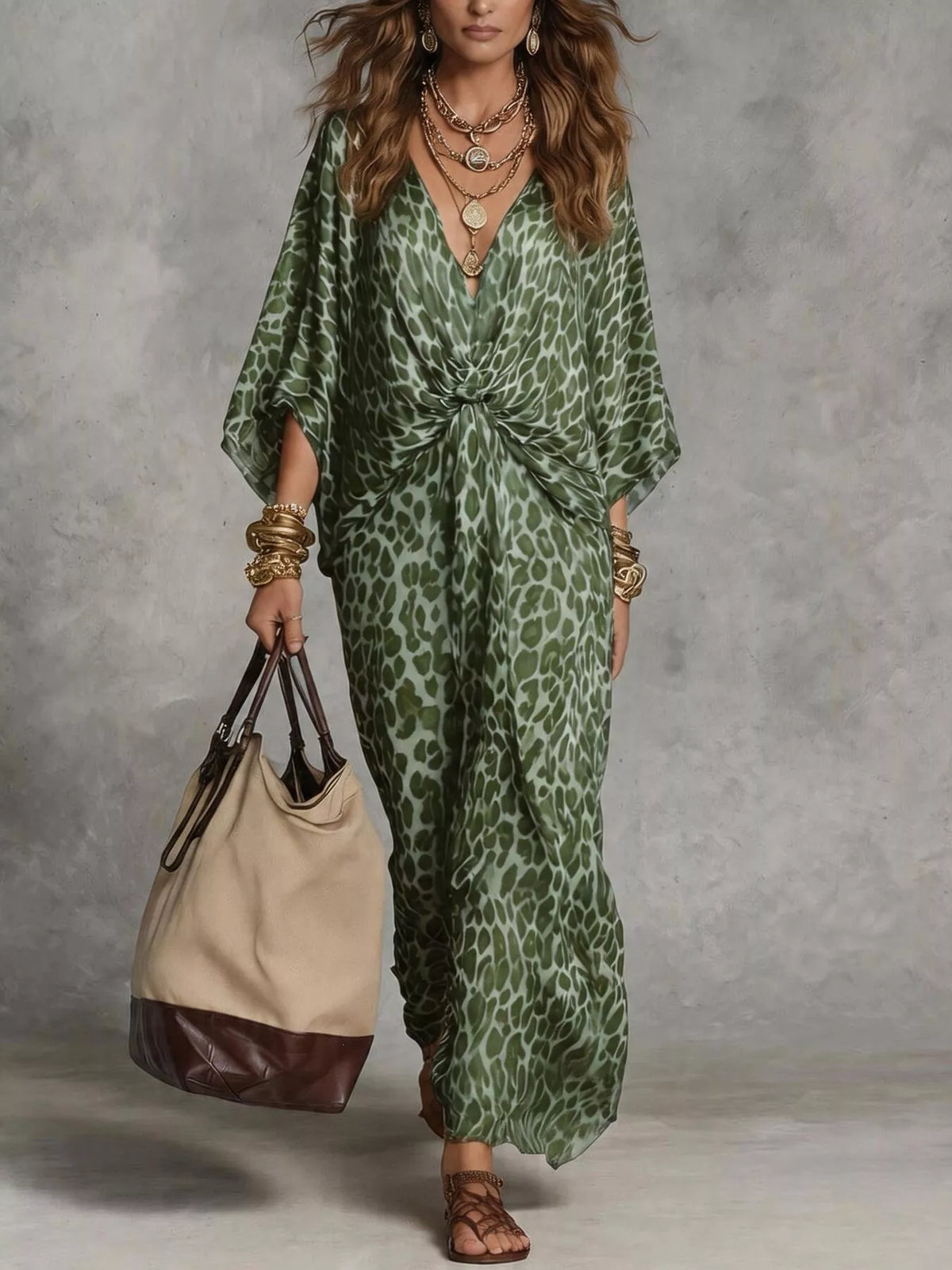 Leopard Print V-Neck Maxi Dress with Twist Detail in Green