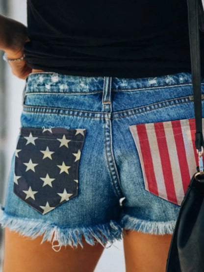 US Flag Distressed Denim Shorts with Frayed Hem styling — Livostyle