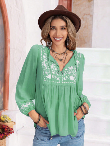 Elegant Floral Blouse with Tie Neck & Balloon Sleeves — Livostyle