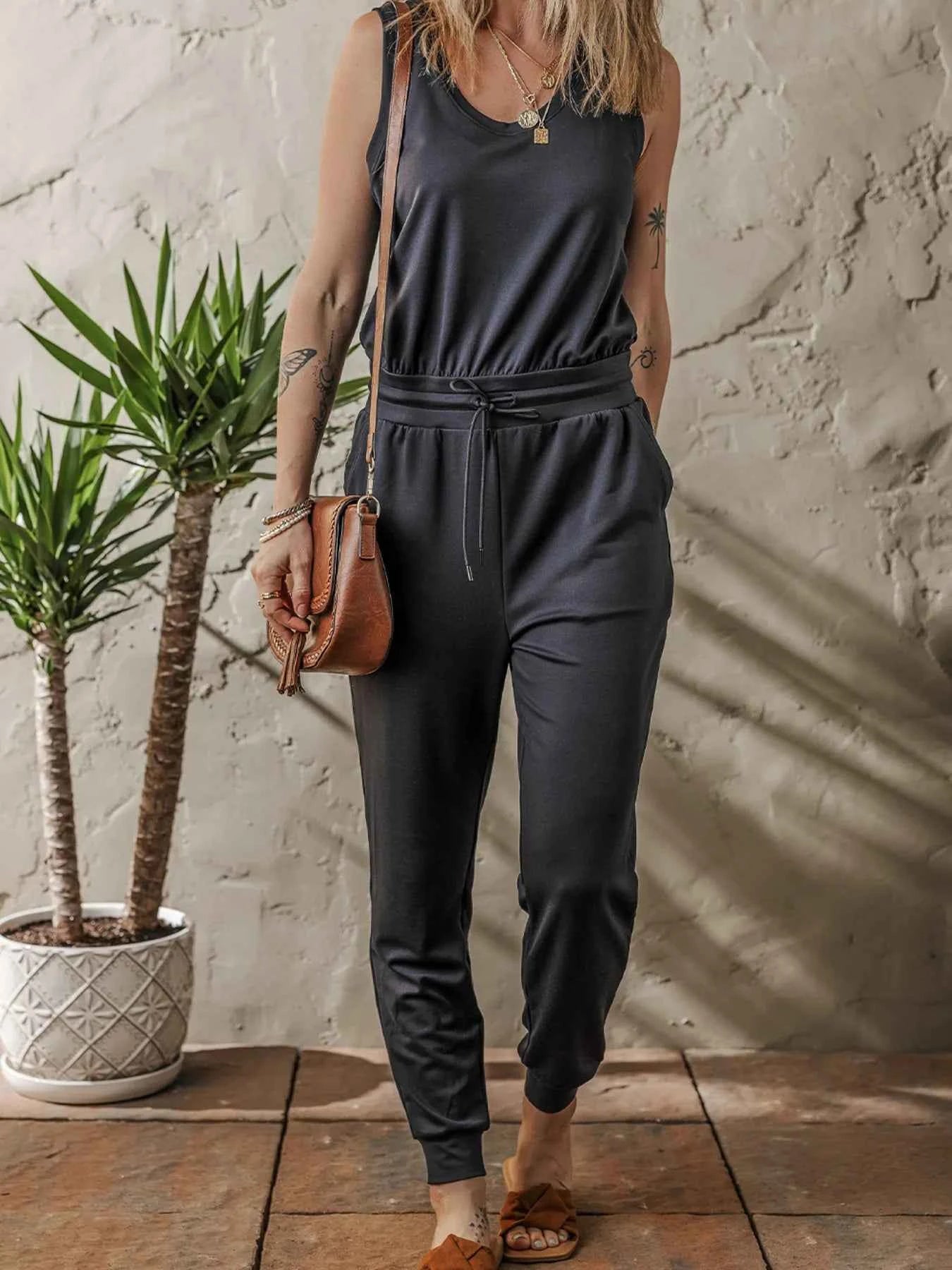 Tie Waist Sleeveless Jogger Jumpsuit — Livostyle