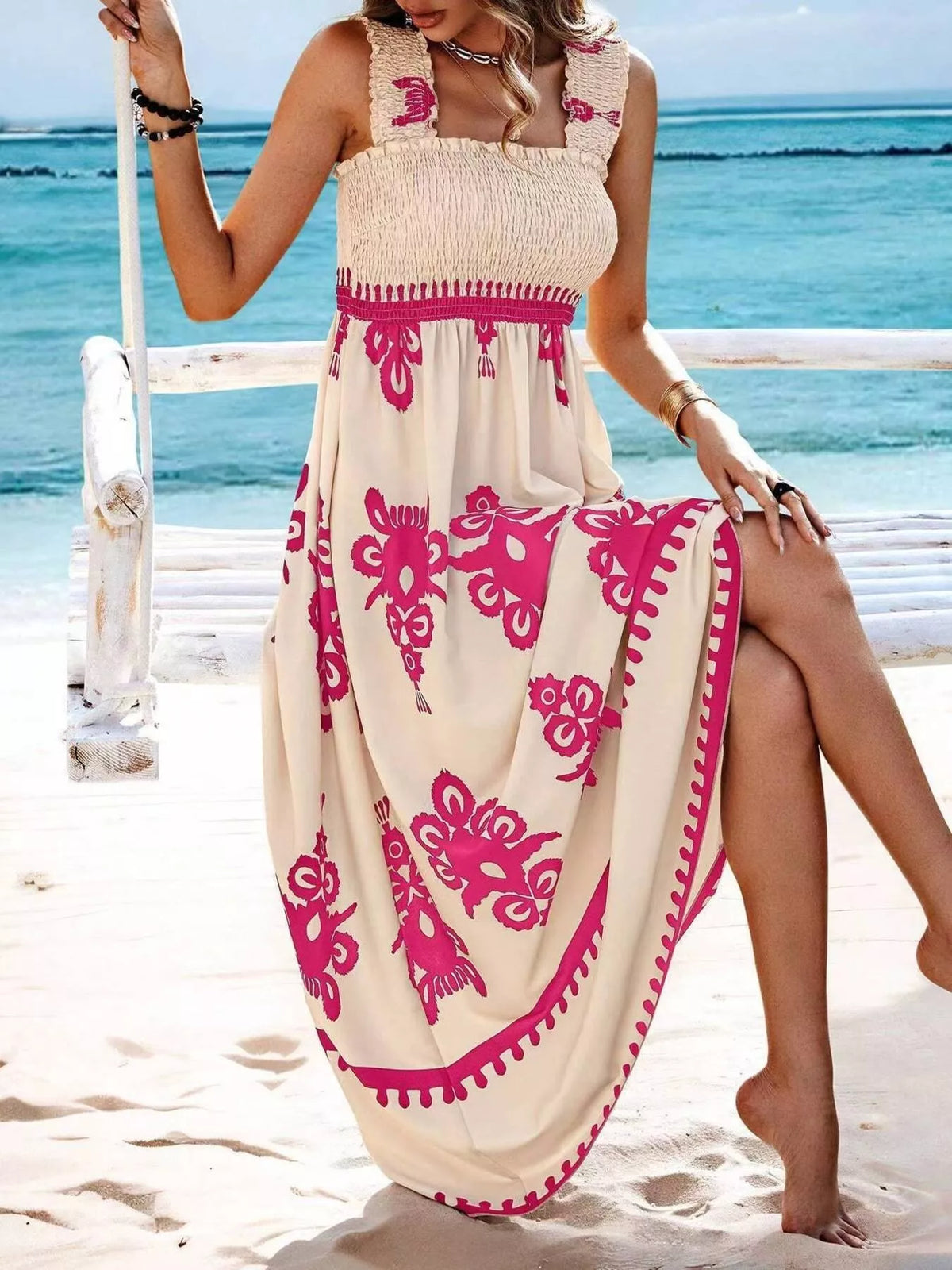 Smocked Printed Square Neck Ruffle Maxi Dress – photo 5