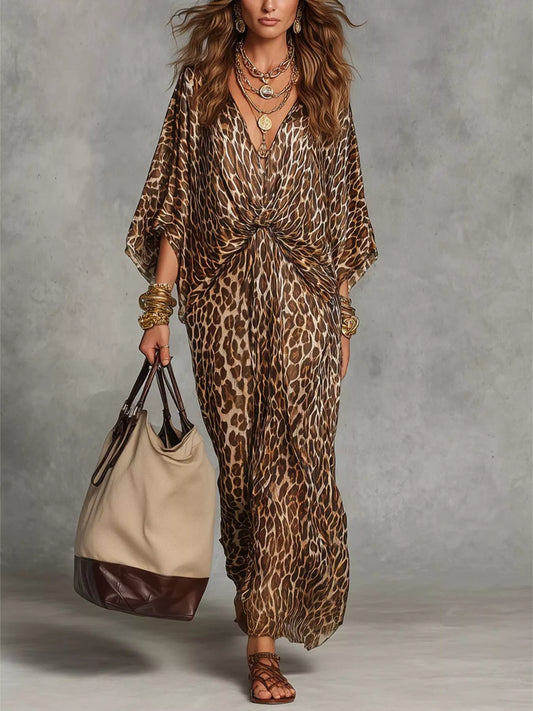 Twist-Front Leopard V-Neck Maxi Dress