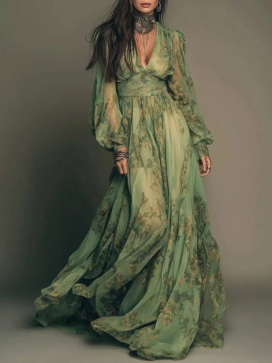 Floral Print V-Neck Maxi Dress with Sheer Detail in Moss