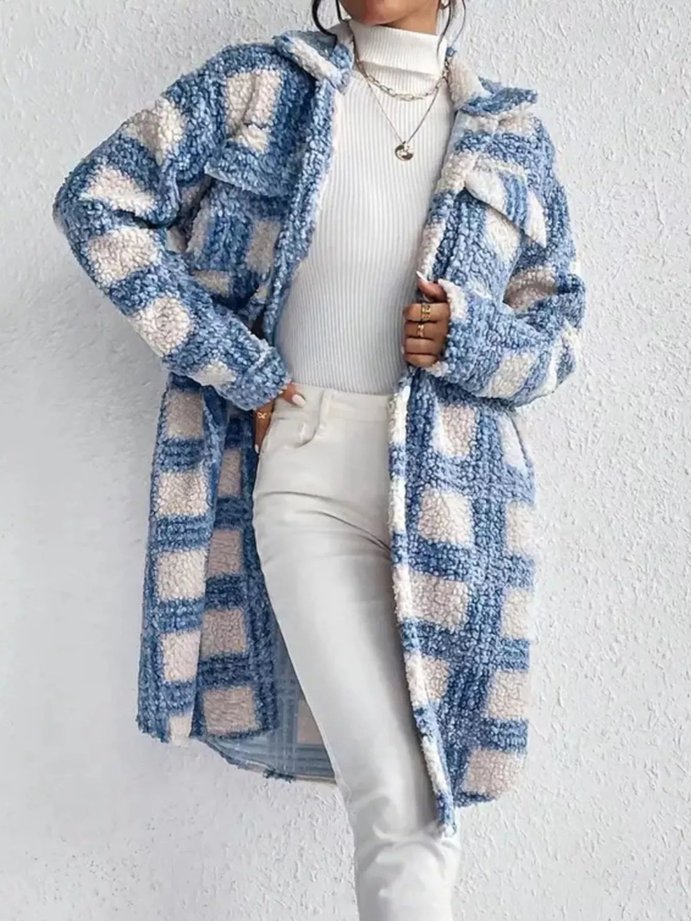 Plaid Button Up Long Sleeve Fleece Coat closeup — Livostyle