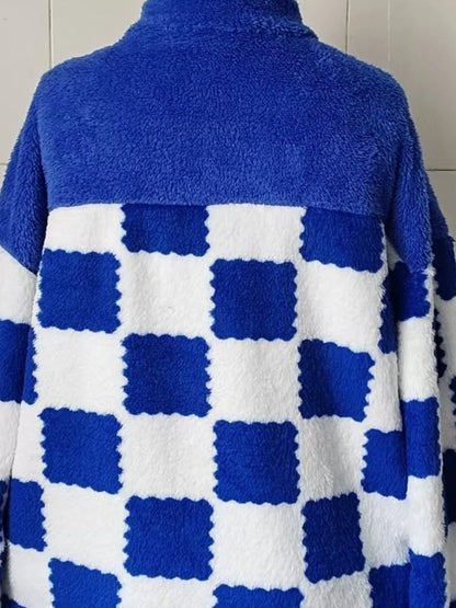 Checkered Fleece Oversized Zip Up Jacket back view — Livostyle