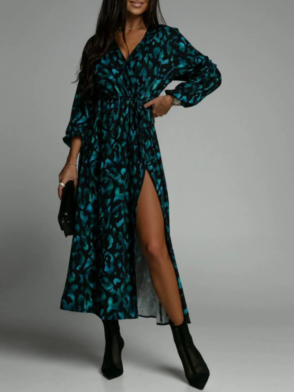 Printed Surplice Long Sleeve Midi Dress with Slit and Tie