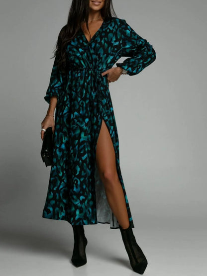 Printed Surplice Long Sleeve Midi Dress with Slit and Tie