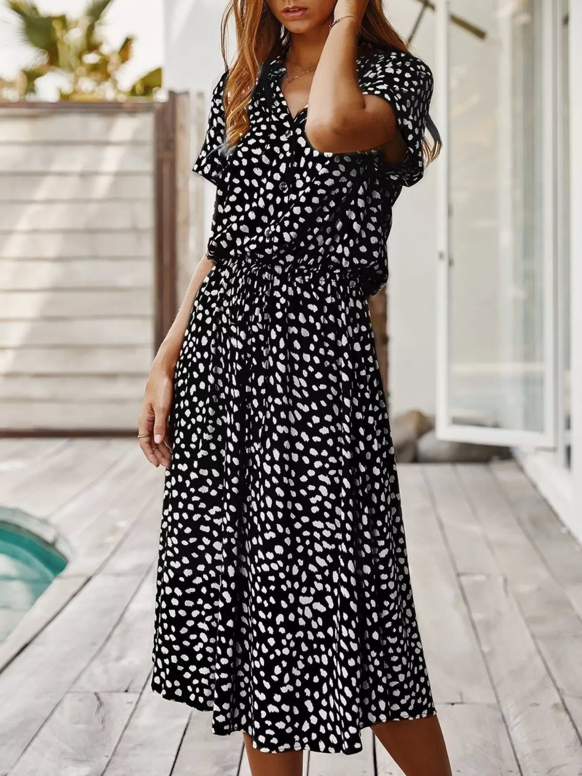 Animal Print Drawstring Waist Midi Dress in Black