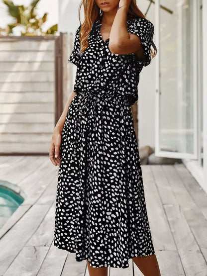 Animal Print Drawstring Waist Midi Dress in Black