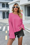 High-Low Slit Round Neck Long Sleeve Sweater — Livostyle