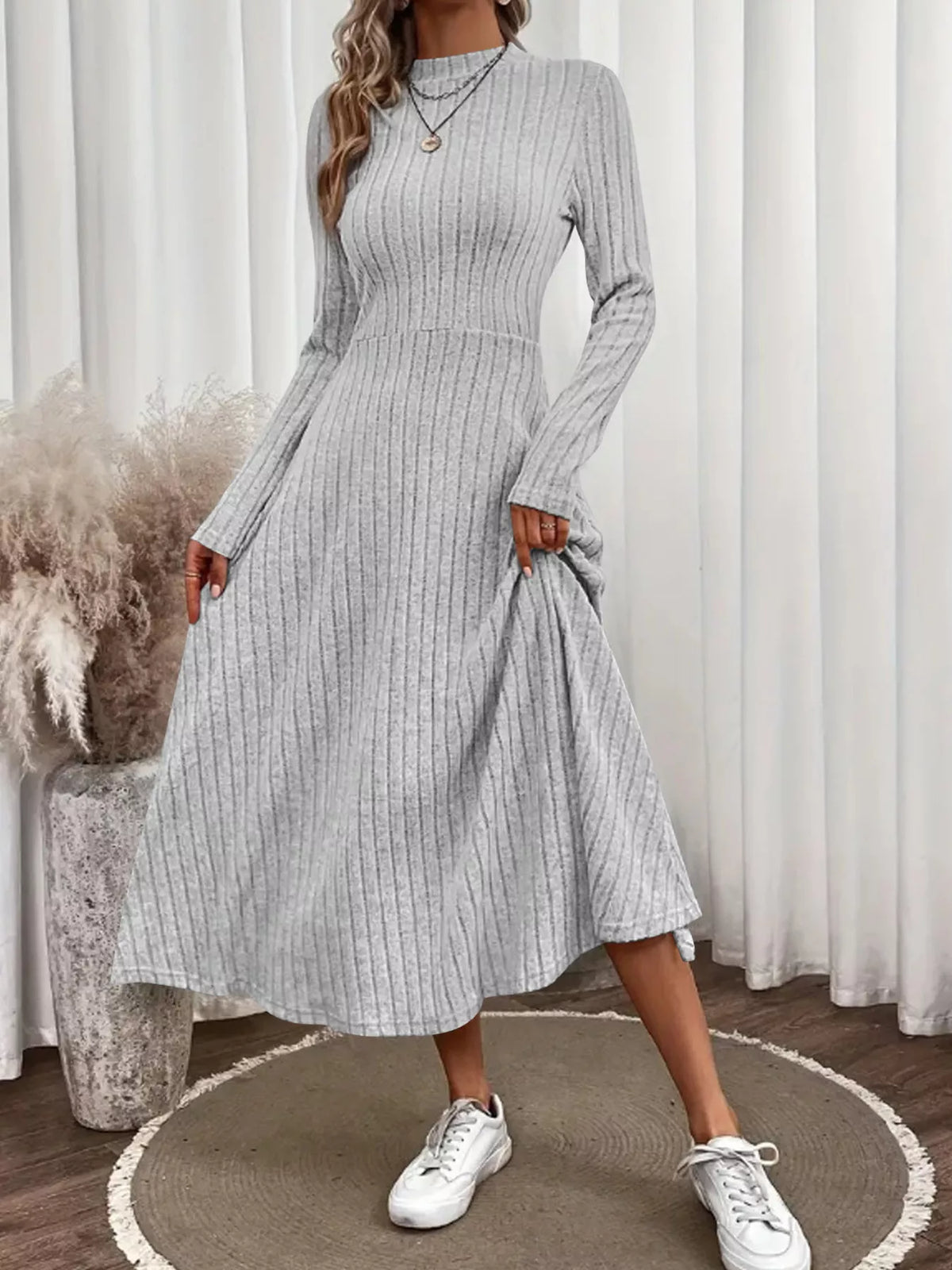 Basic Style Ribbed Knit Long Sleeve Midi Dress – photo 10
