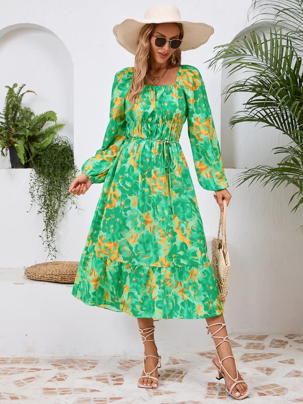 Printed Long Sleeve Midi Dress with Tie Detail – photo 20