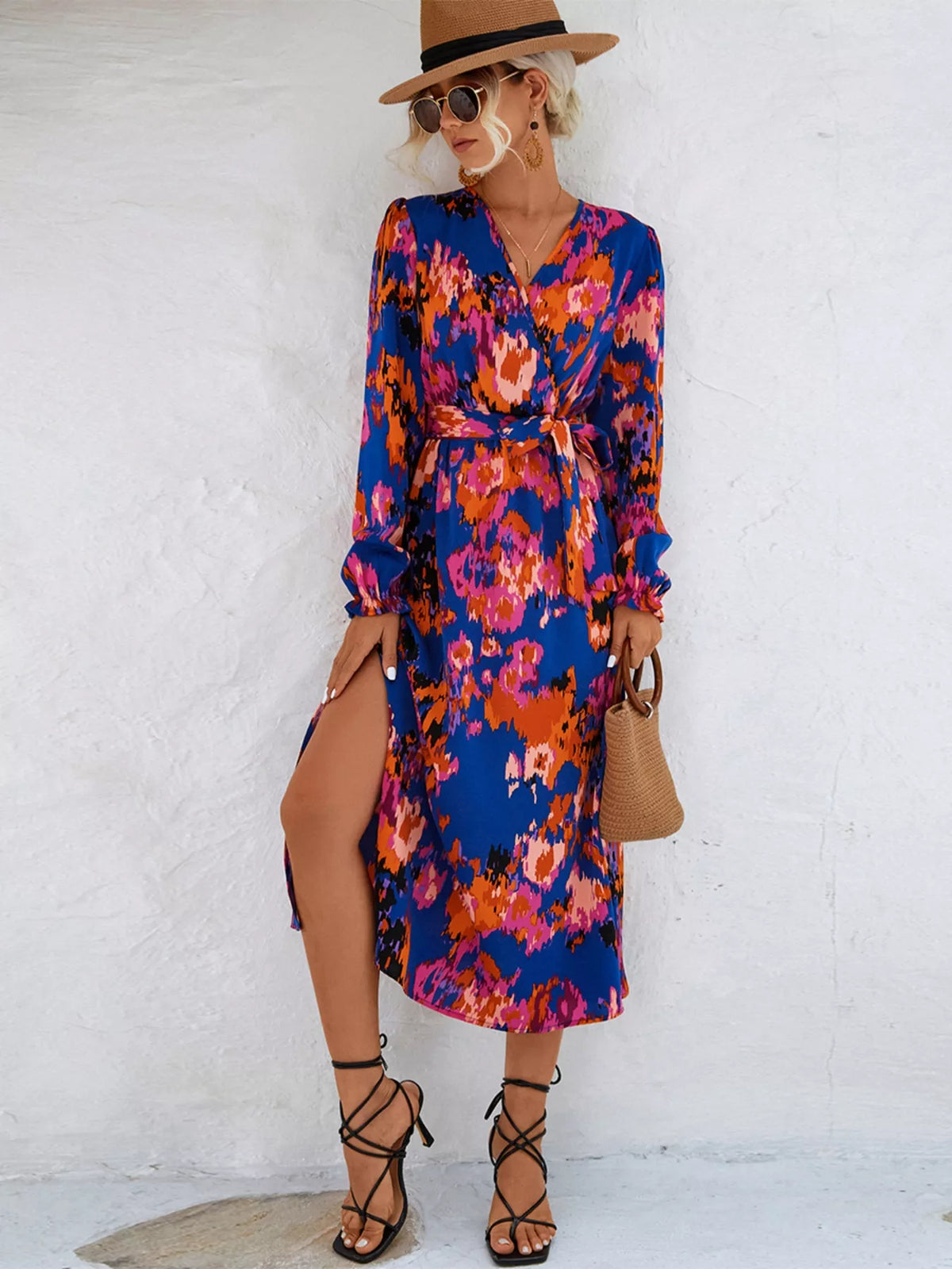 Printed Belted Surplice Long Sleeve Midi Dress with Slit – photo 7