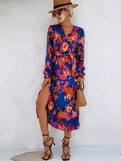 Printed Belted Surplice Long Sleeve Midi Dress with Slit – photo 7