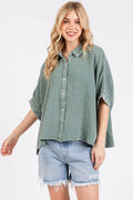 Mineral Wash Gauze Dolman Sleeve Button Down Shirt in Dusty Sage — Livostyle