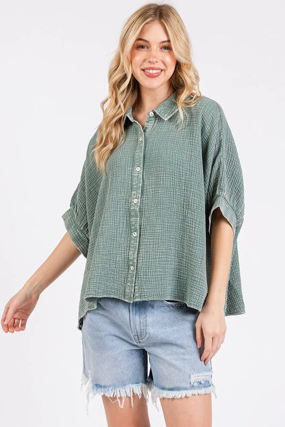 Mineral Wash Gauze Dolman Sleeve Button Down Shirt in Dusty Sage — Livostyle