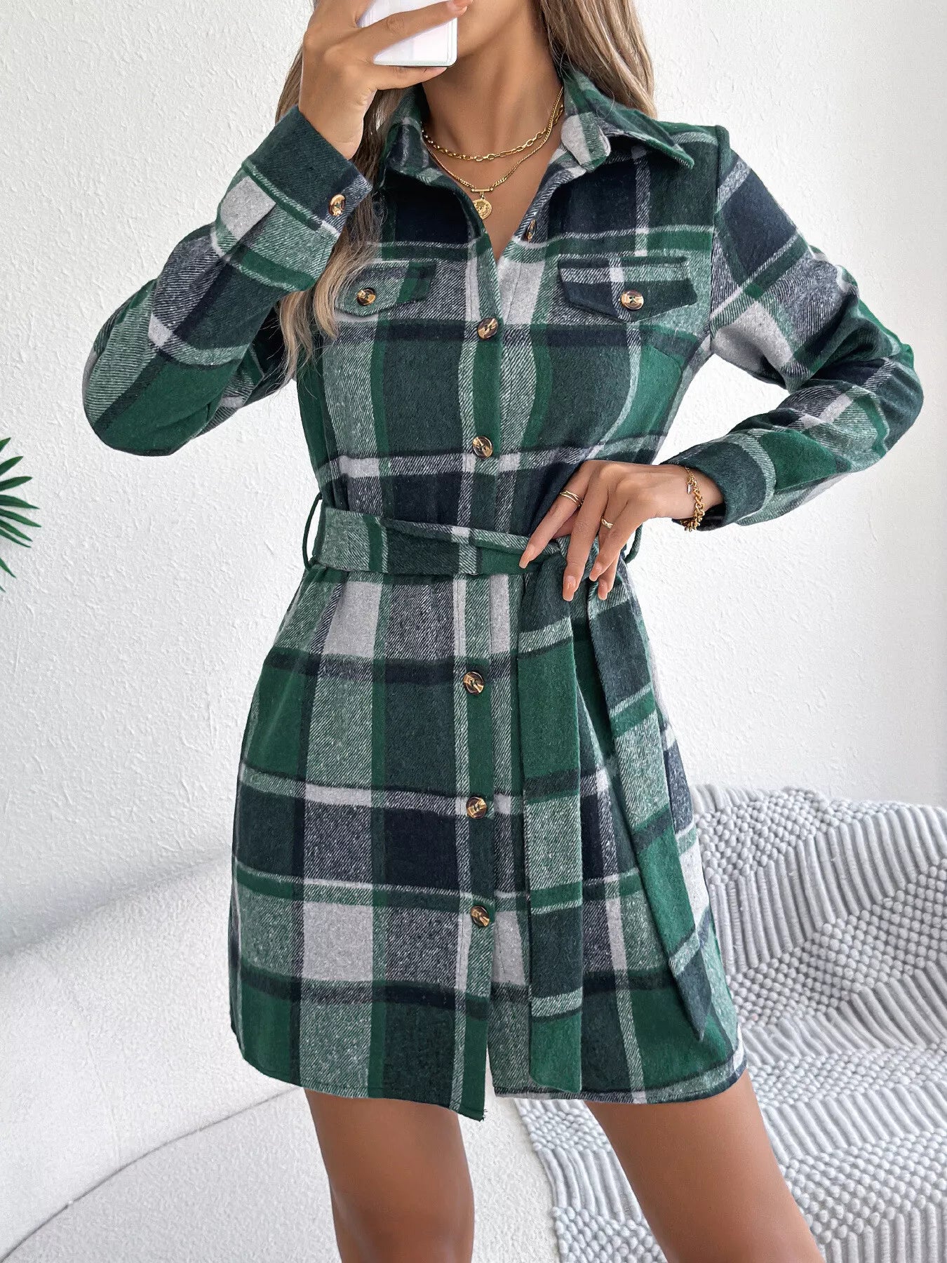Plaid Button Front Tie Waist Shirt Dress back view — Livostyle