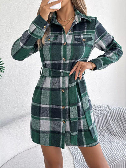 Plaid Button Front Tie Waist Shirt Dress back view — Livostyle
