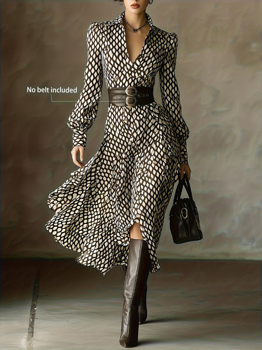 Printed Ruffled Long Sleeve Midi Dress in Brown