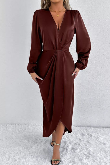 Satin Balloon Sleeve Midi Dress with Slit – photo 17