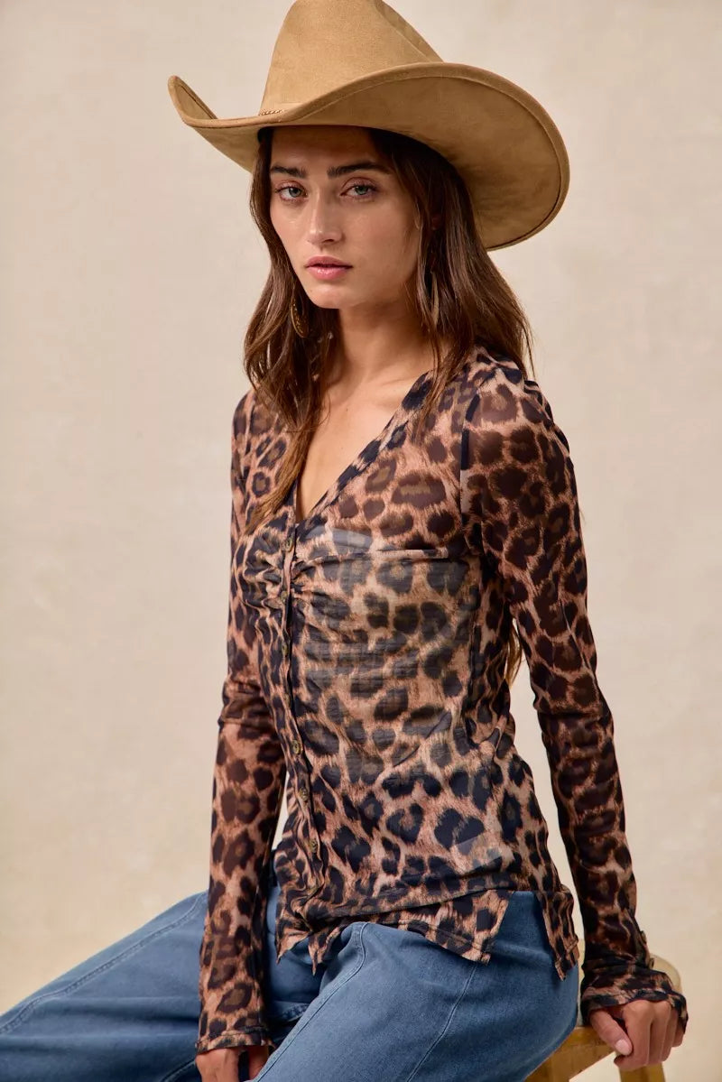 Leopard Printed Mesh Shirt With Button Up V Neck – photo 5