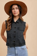 Collared Neck Button Down Denim Vest — Livostyle