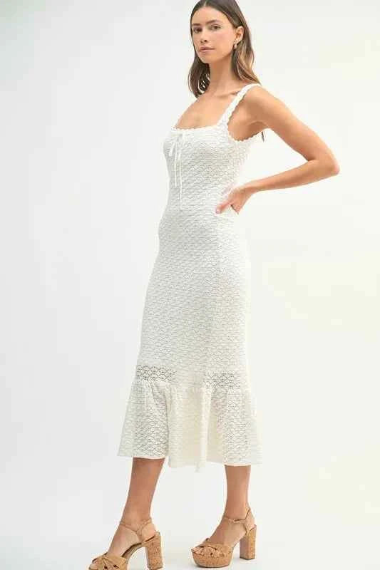 MABLE Ruffled Hem Sleeveless Crochet Knit Midi Dress