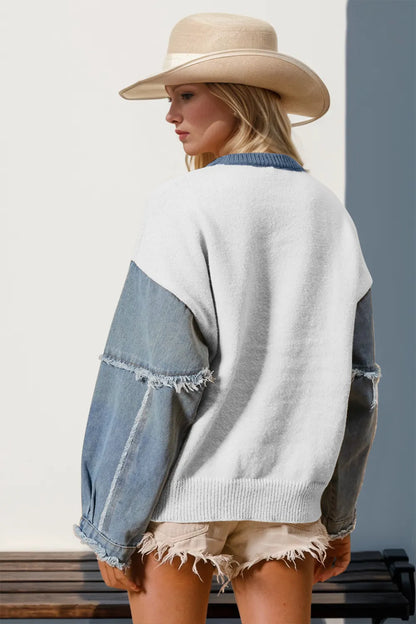 Double Take Full Size Star Pattern Raw Edge Long Sleeve Sweater styling — Livostyle
