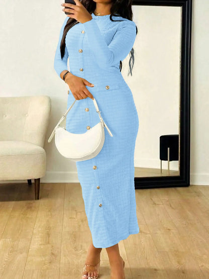 Textured Long Sleeve Midi Dress with Buttons – photo 6