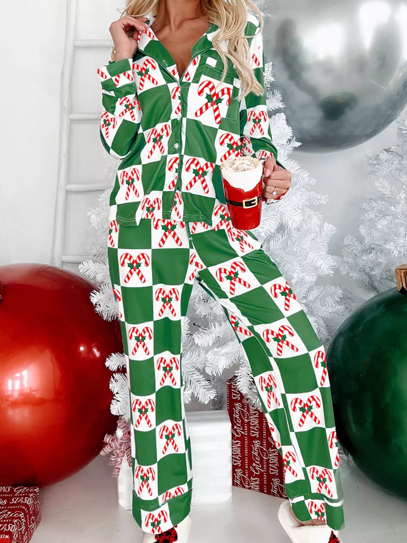 Candy Cane Checkered Pattern 2pcs Pajama Set — Livostyle