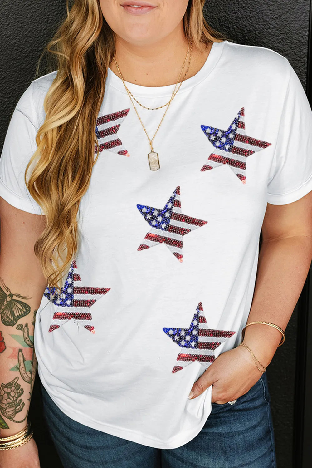 Plus Size Sequin Star Round Neck Short Sleeve T-Shirt — Livostyle
