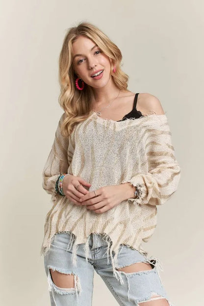 Edgy Zebra Print Knit Top with Frayed Detailing — Livostyle