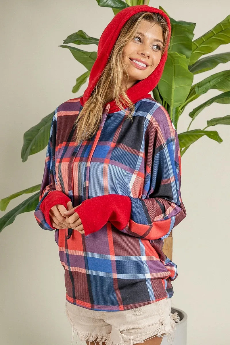 Plaid Mirr Brushed Rib Contrast Thumb Open Hoodie back view — Livostyle