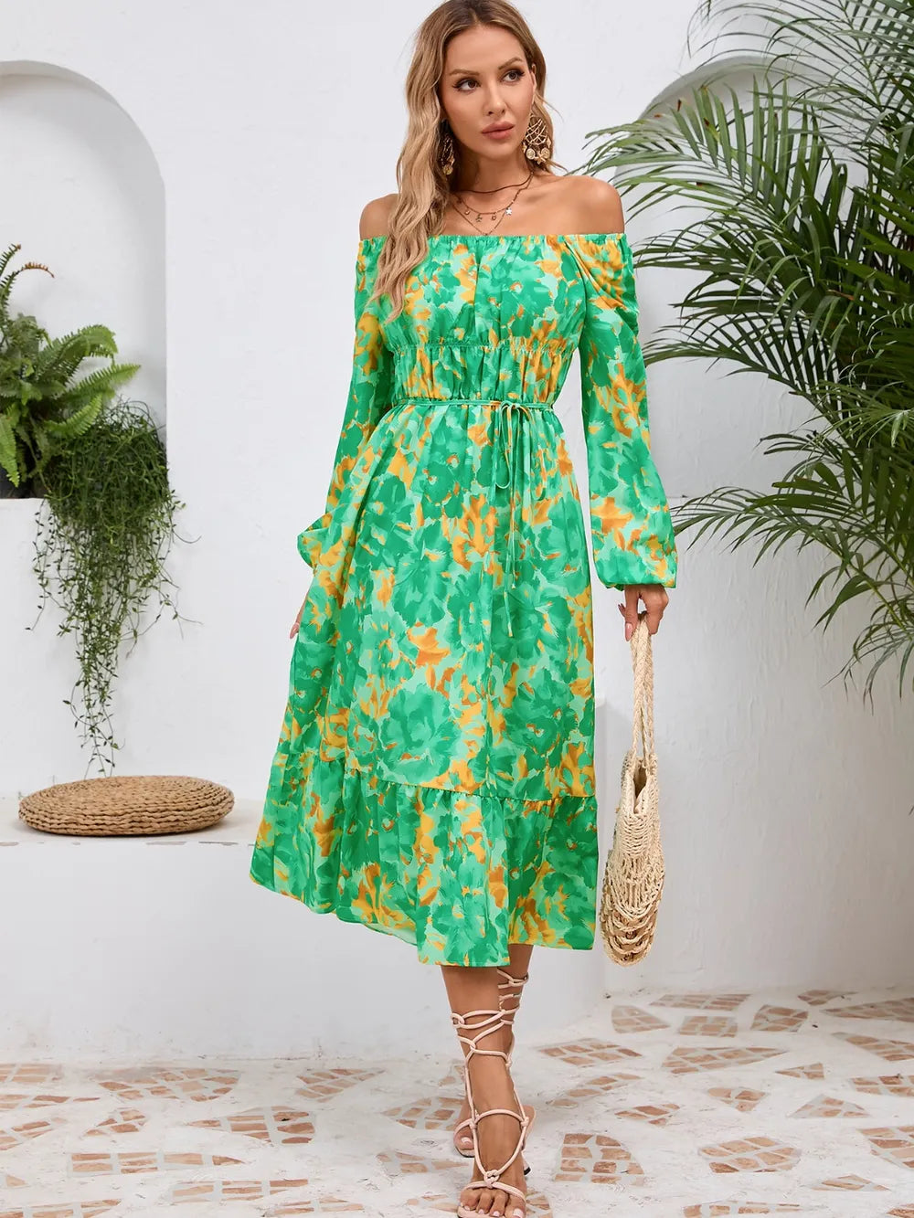 Printed Long Sleeve Midi Dress with Tie Detail – photo 19