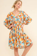 Open Back Printed Puff Sleeve Smocked Dress in Blue Multi