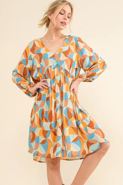 Open Back Printed Puff Sleeve Smocked Dress in Blue Multi