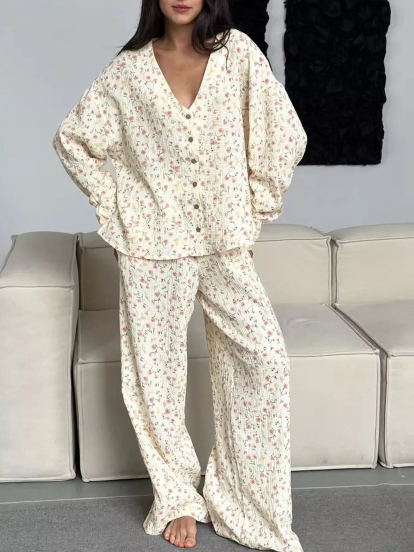 Floral Print Button-Down Top and Pants Lounge Set — Livostyle