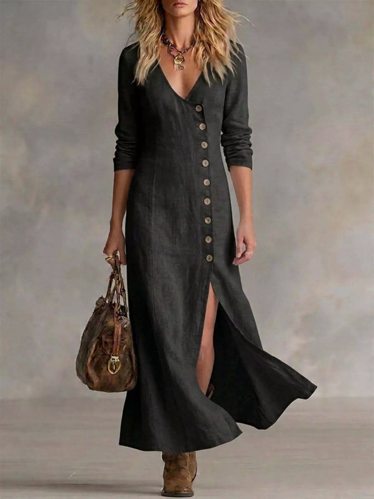 Slit Button-Down Midi Dress in Black