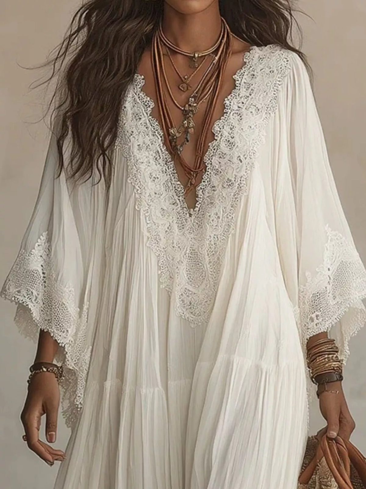 Lace Trim Tiered V-Neck Maxi Dress – photo 2