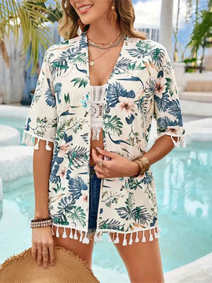 Tassel Printed Open Front Half Sleeve Kimono Cover-Up in Pastel Yellow